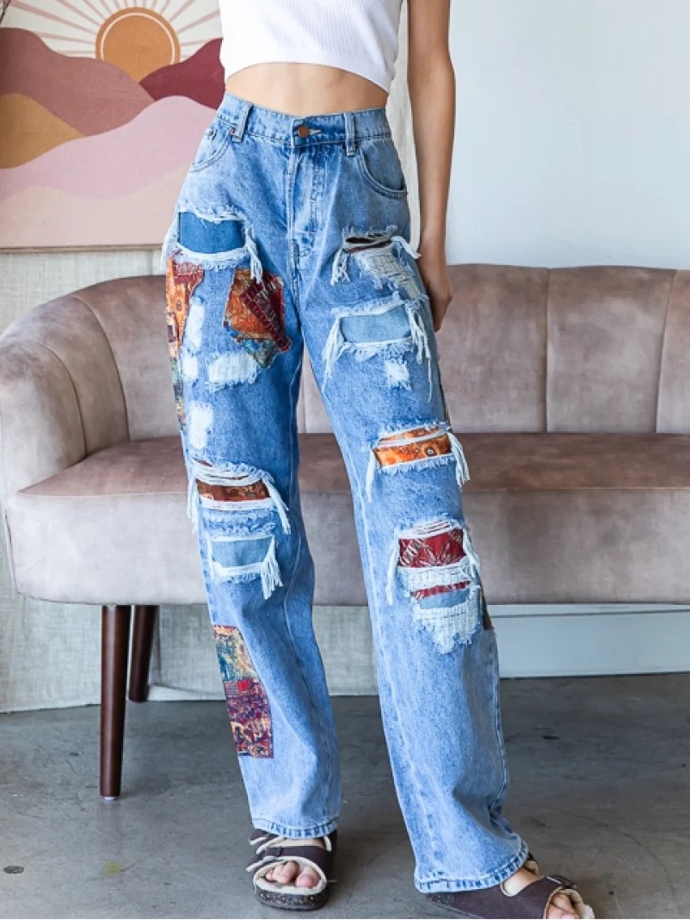 OLI & HALI Patchwork Distressed Straight Leg Jeans Elastic Back Fall Colors